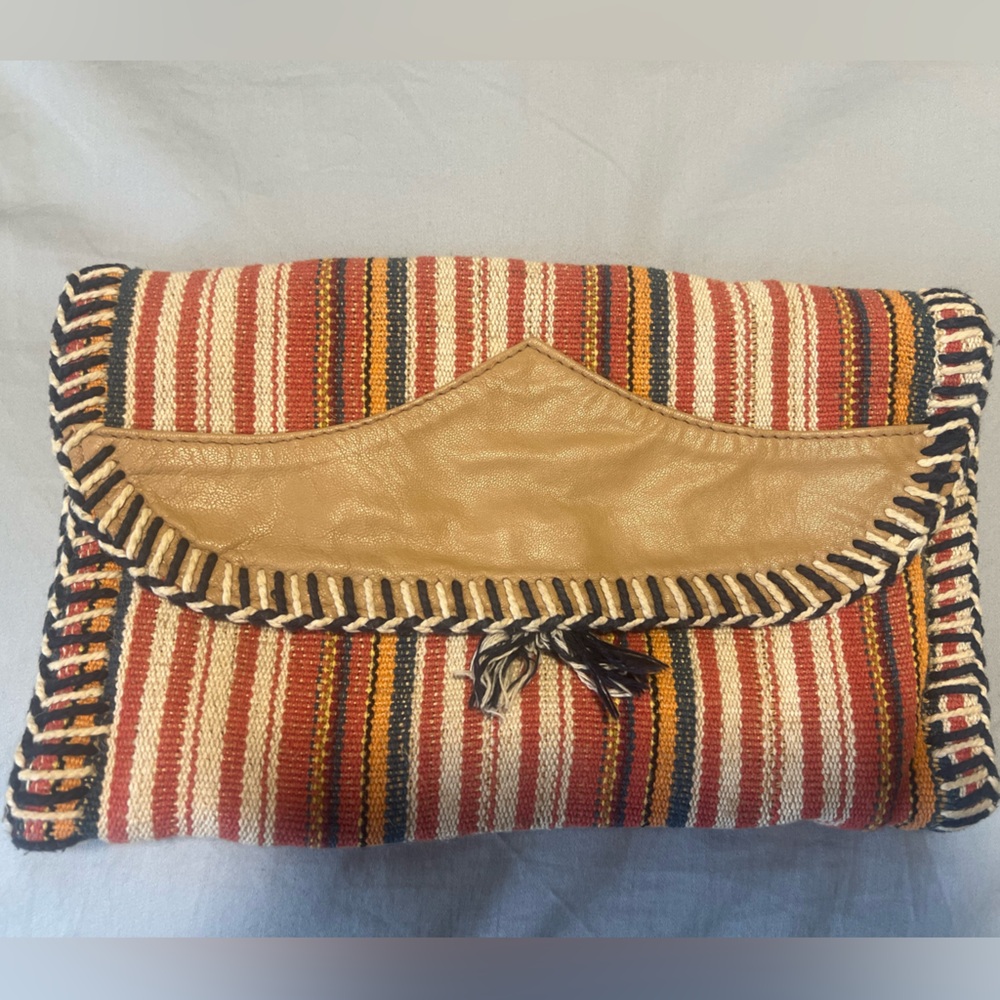 Striped Woven Clutch with Tan Leather Accent